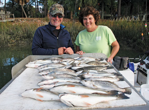 Capt. Matt Williams and Capt. Kathy Brown did good catching lots of spotted sea trout and red fish. Photography by Capt. Judy Helmey